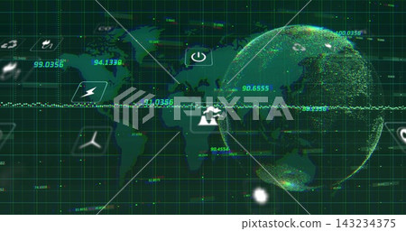 Showing pixelated 3D globe glowing on dashboard, with map grid numbers waveform icons, copy space Showing pixelated 3D globe glowing on dashboard, with map grid numbers waveform icons, copy space 143234375