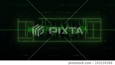 Displaying central neon-green waveform pulsing on HUD screen, with frame, dotted line and numbers Displaying central neon-green waveform pulsing on HUD screen, with frame, dotted line and numbers 143234388