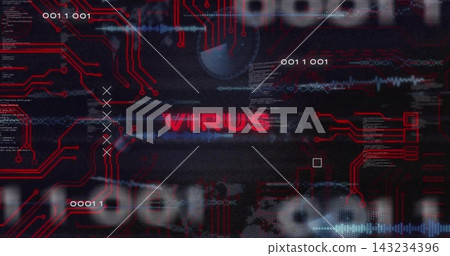 Displaying red VIRUS label glitching on cyber UI with circuit traces, code, binary and markers Displaying red VIRUS label glitching on cyber UI with circuit traces, code, binary and markers 143234396