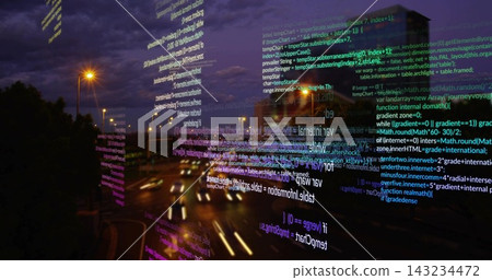 Glowing code columns drifting over urban highway at dusk, with moving vehicle light trails Glowing code columns drifting over urban highway at dusk, with moving vehicle light trails 143234472