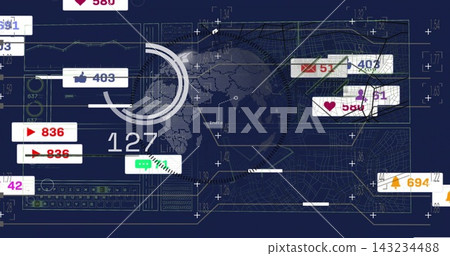 Displaying central dotted globe HUD on navy blueprint, showing badge icons and numeric counters Displaying central dotted globe HUD on navy blueprint, showing badge icons and numeric counters 143234488