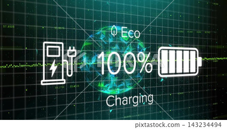 Showing central charging HUD with 100% text, Eco leaf, globe, charger icon, battery, waveform Showing central charging HUD with 100% text, Eco leaf, globe, charger icon, battery, waveform 143234494