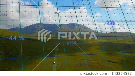 Stretching mountain ridge and valley running along narrow road, showing white vehicle and blue grid Stretching mountain ridge and valley running along narrow road, showing white vehicle and blue grid 143234582