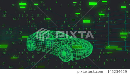 Displaying neon-green wireframe sedan model rotating in virtual lab, with binary digits floating Displaying neon-green wireframe sedan model rotating in virtual lab, with binary digits floating 143234629
