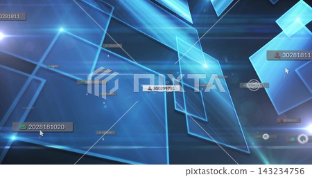 Rendering 3D data interface showing blue panels with numeric labels, cursor arrows, connector lines 143234756