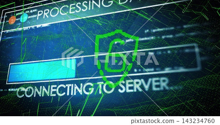 Displaying UI showing CONNECTING TO SERVER on neon grid, with cyan bar and green padlock shield Displaying UI showing CONNECTING TO SERVER on neon grid, with cyan bar and green padlock shield 143234760