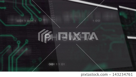 Displaying central translucent overlay showing PHISWCHA text at security desk, with circuit code Displaying central translucent overlay showing PHISWCHA text at security desk, with circuit code 143234761
