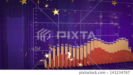 Displaying 3D stacked bar chart rising across purple grid plane, with numeric labels and gold stars Displaying 3D stacked bar chart rising across purple grid plane, with numeric labels and gold stars 143234767