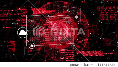 Showing red wireframe globe overlaying UI windows in cyberspace, featuring numeric labels padlock Showing red wireframe globe overlaying UI windows in cyberspace, featuring numeric labels padlock 143234888