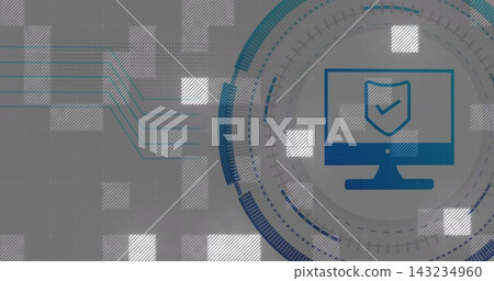 Showing blue monitor with shield checkmark sitting inside circular HUD on tech banner, pixel tiles Showing blue monitor with shield checkmark sitting inside circular HUD on tech banner, pixel tiles 143234960