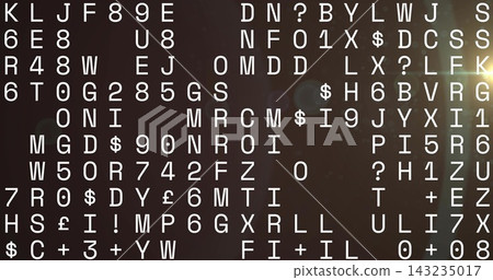 Showing monospaced uppercase glyphs and symbols forming broken grid on dark display with flare 143235017