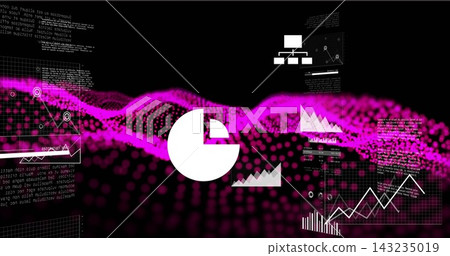 Displaying central white pie-chart icon hovering in virtual 3D data dashboard, with magenta wave Displaying central white pie-chart icon hovering in virtual 3D data dashboard, with magenta wave 143235019