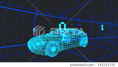 Rendering neon wireframe coupe sedan rotating in virtual tunnel, showing HUD and binary digits Rendering neon wireframe coupe sedan rotating in virtual tunnel, showing HUD and binary digits 143235152