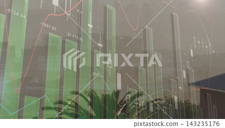 Showing translucent overlay on street, with green bars, candles, red-blue lines, prices, palm trees Showing translucent overlay on street, with green bars, candles, red-blue lines, prices, palm trees 143235176