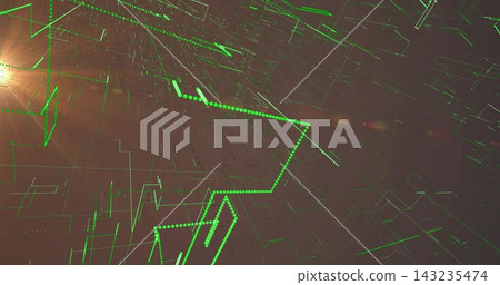 Moving neon green dotted polylines forming angular pathway across virtual 3D data space, lens flare Moving neon green dotted polylines forming angular pathway across virtual 3D data space, lens flare 143235474