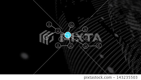Highlighting cyan hub node linking peripheral user icons in dark cyberspace, binary fingerprint Highlighting cyan hub node linking peripheral user icons in dark cyberspace, binary fingerprint 143235503