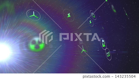 Floating green badges moving through deep space, with lens flare and energy symbols Floating green badges moving through deep space, with lens flare and energy symbols 143235504