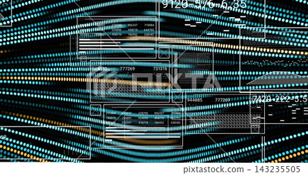 Showing centered data visual flowing in virtual dash, with teal dotted rows UI panels numbers Showing centered data visual flowing in virtual dash, with teal dotted rows UI panels numbers 143235505