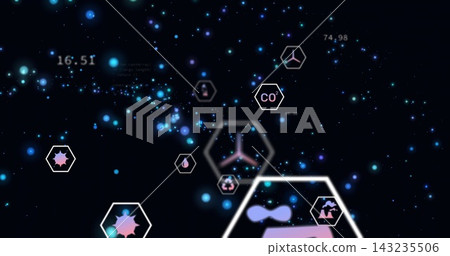 Floating outlined hexagonal panel showing pastel icons in virtual starfield with numeric readouts Floating outlined hexagonal panel showing pastel icons in virtual starfield with numeric readouts 143235506