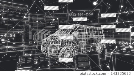 System command initiating digital twin scan, wireframe SUV rotating, highlighting data panels System command initiating digital twin scan, wireframe SUV rotating, highlighting data panels 143235653