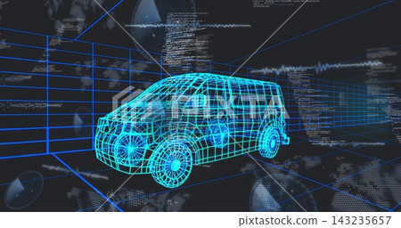 Vertical video: Cyan wireframe van model rotating on grid, data stream updating HUD for CAD test Vertical video: Cyan wireframe van model rotating on grid, data stream updating HUD for CAD test 143235657