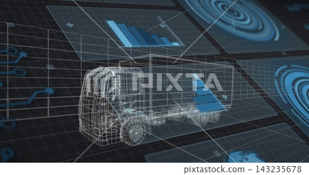 Displaying wireframe medium box truck floating on virtual grid, with blue bar charts and radar Displaying wireframe medium box truck floating on virtual grid, with blue bar charts and radar 143235678
