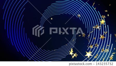 Spiraling neon-blue arcs merging with metallic gold stars on dark navy gradient, with confetti Spiraling neon-blue arcs merging with metallic gold stars on dark navy gradient, with confetti 143235732