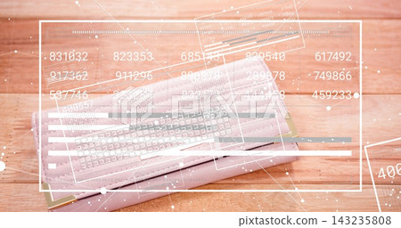 Lying pleated pink disposable mask on light wood tabletop, showing HUD overlay and gold corners Lying pleated pink disposable mask on light wood tabletop, showing HUD overlay and gold corners 143235808