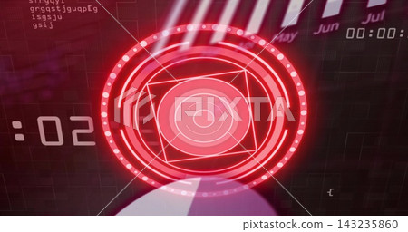 Displaying red HUD projecting concentric rings, tilted square, lights, :02 and May Jun Jul on grid Displaying red HUD projecting concentric rings, tilted square, lights, :02 and May Jun Jul on grid 143235860
