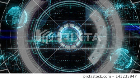 Projecting central holographic HUD rotating with rings at virtual control console, showing globes Projecting central holographic HUD rotating with rings at virtual control console, showing globes 143235947