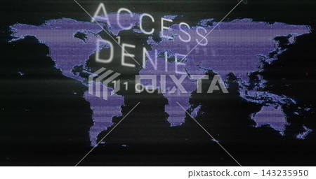 Displaying styled purple world map glitching on monitor showing ACCESS DENIED text with scan lines Displaying styled purple world map glitching on monitor showing ACCESS DENIED text with scan lines 143235950