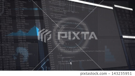 Displaying main tilted monitor showing code and panels in control room, with side console and radar Displaying main tilted monitor showing code and panels in control room, with side console and radar 143235951