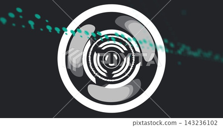 Showing concentric ring with textured edge and glossy segments on charcoal canvas with teal streak 143236102