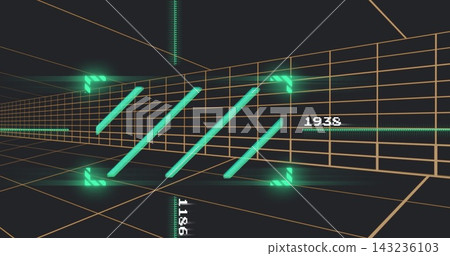 Floating three cyan diagonal bars hovering above orange grid chamber, showing 1938 readouts 143236103