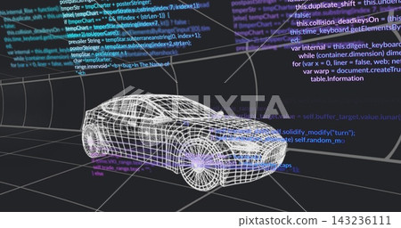 Showing 3D wireframe sedan spinning in virtual tunnel with grid floor, glowing hubs, floating code Showing 3D wireframe sedan spinning in virtual tunnel with grid floor, glowing hubs, floating code 143236111