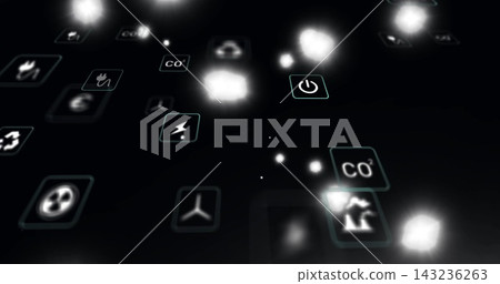 Floating cluster displaying environmental icons in dark virtual dashboard, with CO2 and power tiles Floating cluster displaying environmental icons in dark virtual dashboard, with CO2 and power tiles 143236263