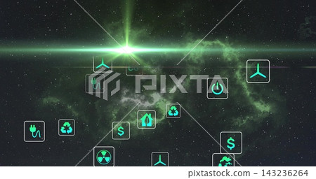 Glowing bright green stellar flare sending lens streak across nebula, with neon hologram icons Glowing bright green stellar flare sending lens streak across nebula, with neon hologram icons 143236264