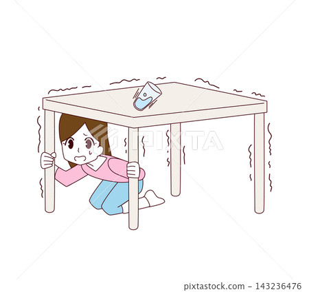 An illustration of a woman hiding under a desk during an earthquake. 143236476