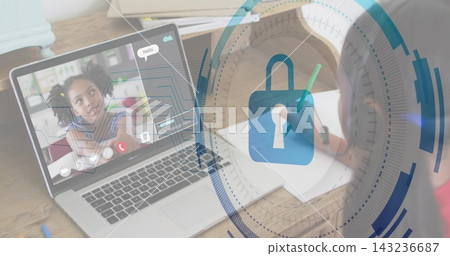 Showing laptop, child on call while peer writing notebook at home desk, green pencil, padlock HUD Showing laptop, child on call while peer writing notebook at home desk, green pencil, padlock HUD 143236687