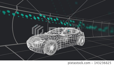 Rendering wireframe car model centered in 3D tunnel, showing grid floor and teal particle streaks Rendering wireframe car model centered in 3D tunnel, showing grid floor and teal particle streaks 143236825