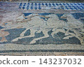 Greece: A mosaic made of pebbles on the floor of Pella, the capital of ancient Macedonia, depicting the Rape of Helen. 143237032