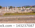Greece, Macedonia, Pella Ruins, the capital of the ancient Macedonian kingdom, restored colonnade. 143237087