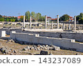 Greece, Macedonia, Pella Ruins, the capital of the ancient Macedonian kingdom, restored colonnade. 143237089