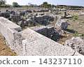Greece, Macedonia: Pella archaeological site, the capital of the ancient Macedonian kingdom, with remains of stone foundations and walls. 143237110