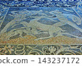 Greece, Pella, the capital of ancient Macedonia: A mosaic of a deer hunt depicted with pebbles. 143237172