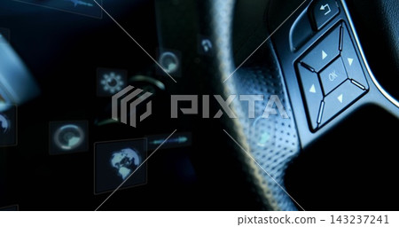 Highlighting right steering control pad showing HUD icons at dash, perforated rim, copy space Highlighting right steering control pad showing HUD icons at dash, perforated rim, copy space 143237241
