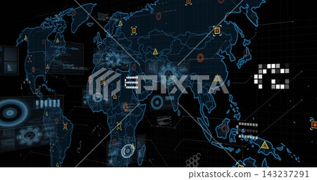 Displaying stylized blue world map showing holographic HUD and scanning rings over neon 3D grid Displaying stylized blue world map showing holographic HUD and scanning rings over neon 3D grid 143237291