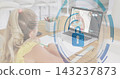 Writing girl in yellow top holding pencil at table with laptop, pencil cup, notebook, padlock HUD 143237873