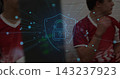 Displaying digital shield with padlock overlaying team bench with two teens sitting in red jerseys 143237923