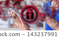 Holding slim tablet, two hands showing padlock and network graphics at office, blue sleeveless top 143237991